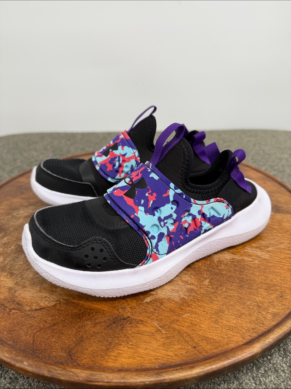 Under Armour Shoes Girls Kids 2 Slip On RunPlay Sneakers Black Purple Pink Camo